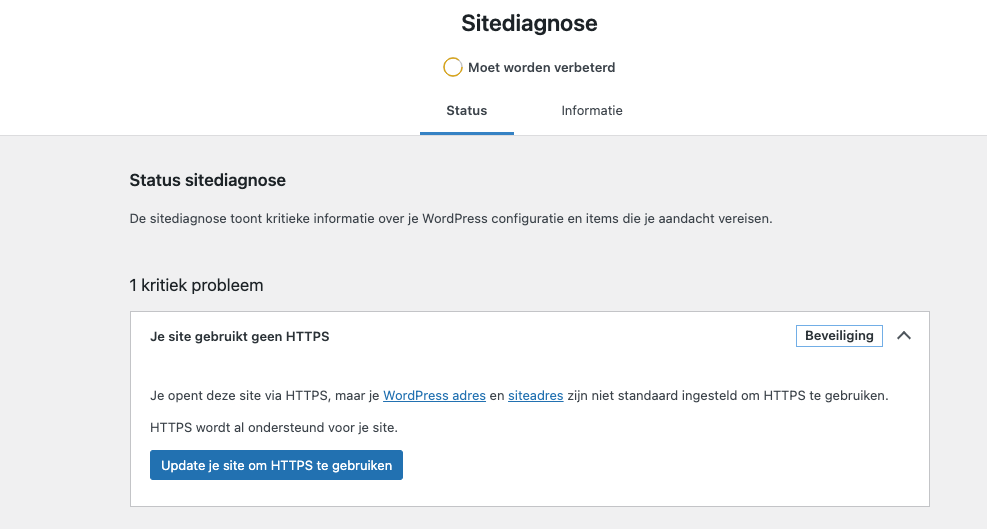 Status sitediagnose die laat zien dat er nog geen beveiligde SSL verbinding is voor je WordPress website